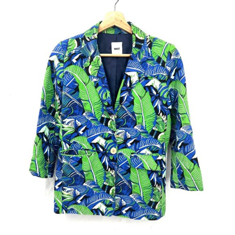 WHIT silk linen‎ tropical molly print blazer jacket funky quirky green bright S